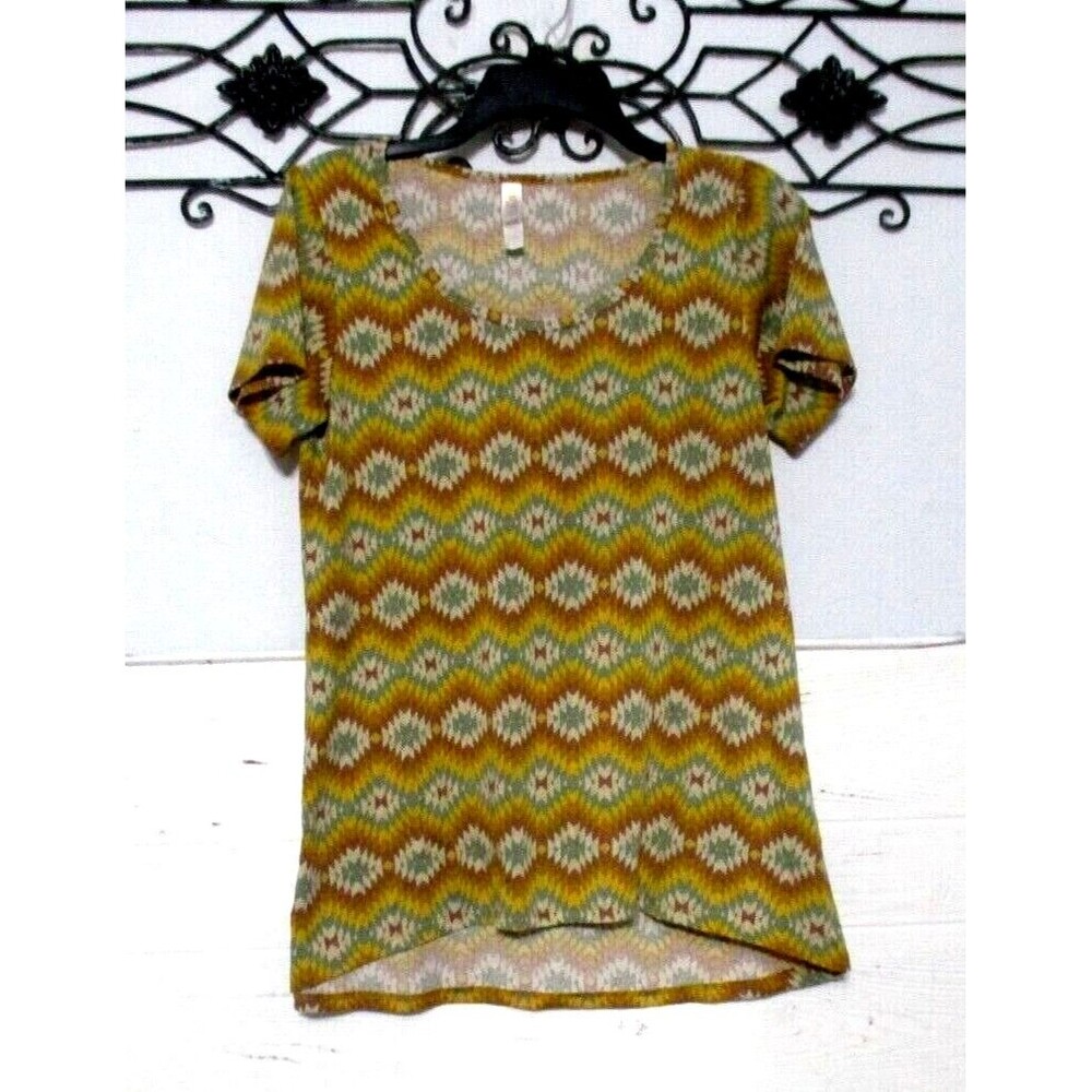LuLaRoe Women's Knit Top Size S Multicolored Geometric Short Sleeve Scoop Neck